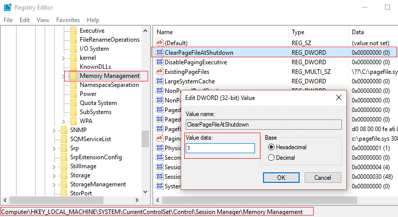 changer la valeur de clearpagefileatshutdown dans la gestion de la mémoire