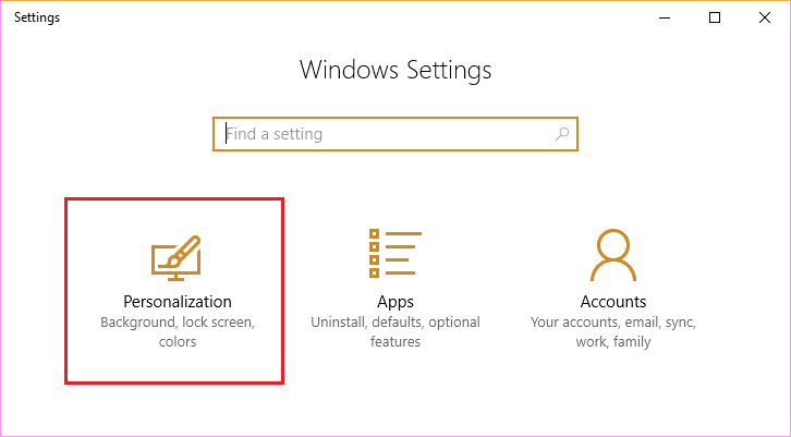 Ouvrez l'application Paramètres Windows, puis cliquez sur l'icône Personnalisation | Utilisation élevée du processeur et du disque Windows 10