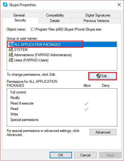 assurez-vous de mettre en surbrillance TOUS LES FORFAITS D'APPLICATION, puis cliquez sur Modifier