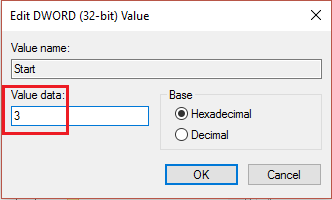 changer les données de valeur de start de 3 à 4 | Utilisation élevée du processeur et du disque Windows 10