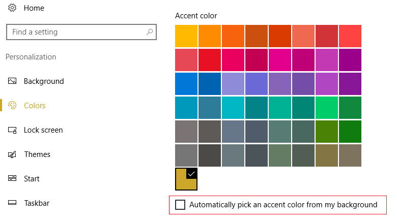 Décochez Choisir automatiquement une couleur d'accent de mon arrière-plan