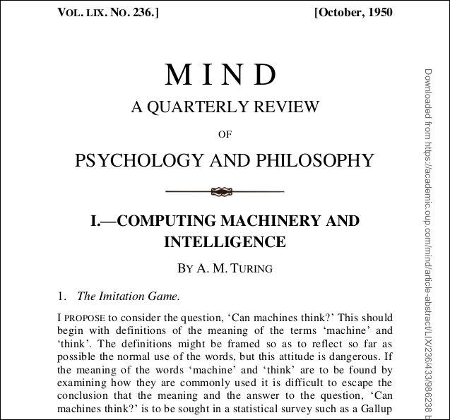 PDF da página de título de "Computing Machinery and Intelligence" de A.M. Turing.