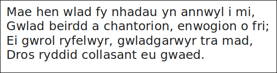 imagem contendo texto do primeiro verso do hino nacional galês.
