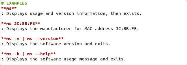 Seção de exemplos de uma página de manual em markdown.