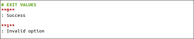 Seção de valores de saída de uma página de manual em markdown.