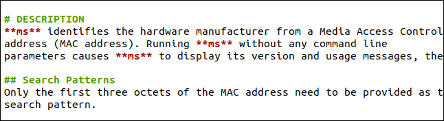 Seção de descrição de uma página de manual em markdown.