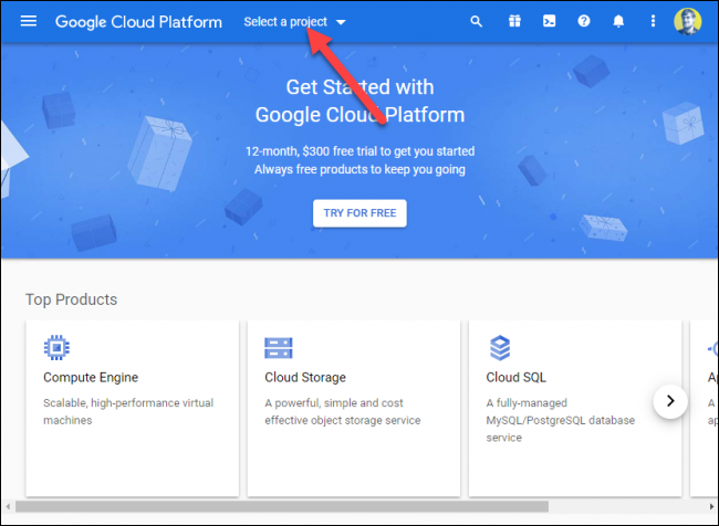 Google CloudPlatformで[プロジェクトを選択]をクリックします。