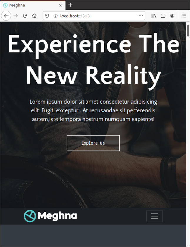 localhost：1313で実行されているFirefoxのデフォルトの「Meghna」テーマの静的Webサイト。