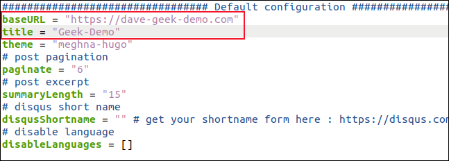 エディター内のconfig.tomlファイル（変更あり）。