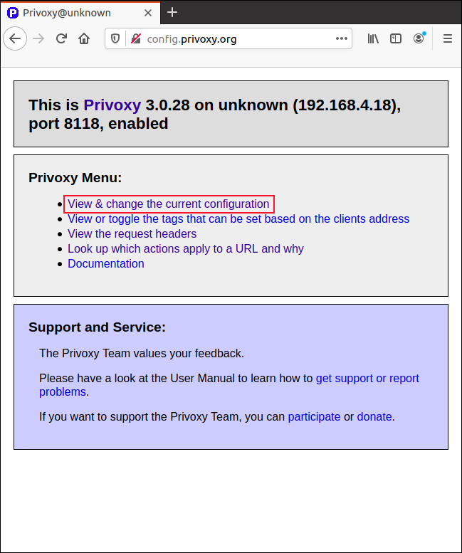 Die Privoxy-Startseite in einem Browserfenster.