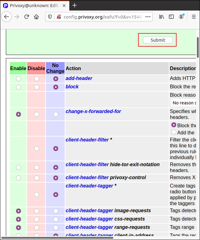 Die Seite mit den granularen Privoxy-Einstellungen in Firefox.