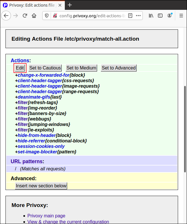 Klicken Sie in Firefox auf der Seite „Match-All.Action“ auf „Edit“, um die Parameter anzupassen.