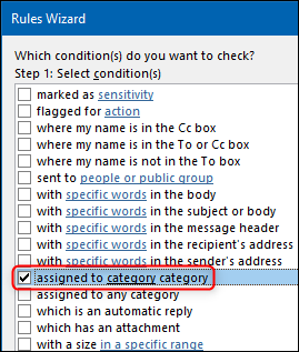Die Option „Kategorie Kategorie zugewiesen“ im Regel-Assistenten.
