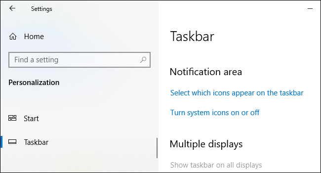 Windows 10'un Görev Çubuğu ayarları ekranındaki bildirim alanı seçenekleri.