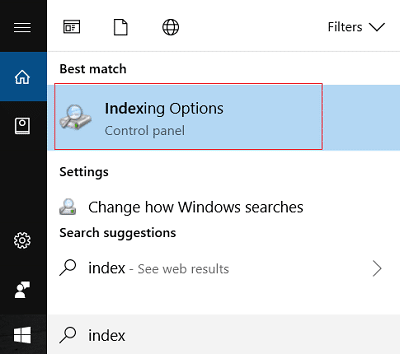 Wpisz indeks w wyszukiwarce Windows, a następnie kliknij Opcje indeksowania
