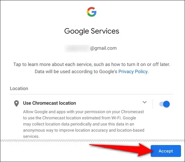 Włącz usługi Google i kliknij „Akceptuj”