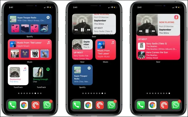 Widgeturi muzicale pe trei iPhone-uri.