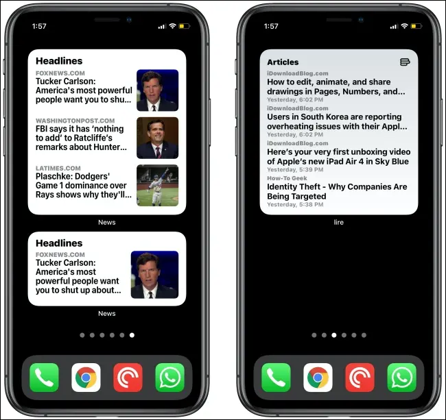 Widgeturi de știri pe două iPhone-uri.