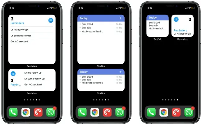 Mementourile și widgeturile TickTick pe trei iPhone-uri.