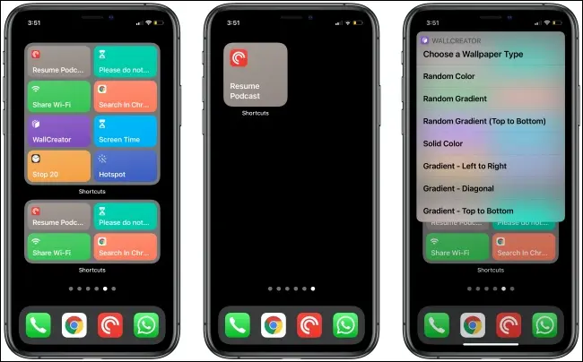 Comenzi rapide Widgeturi pe trei iPhone-uri.