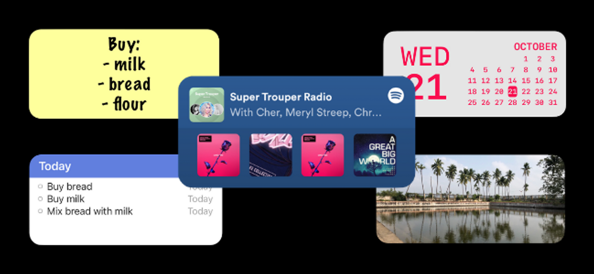 Cinci widget-uri pentru ecranul de pornire iPhone.