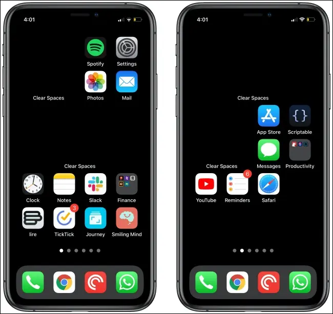 Clear Spaces pe două ecrane de pornire iPhone.