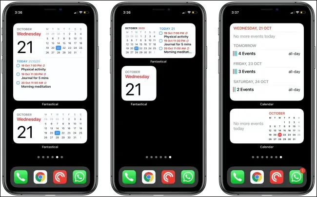 Widgeturi fantastice și Calendar pe trei iPhone-uri.