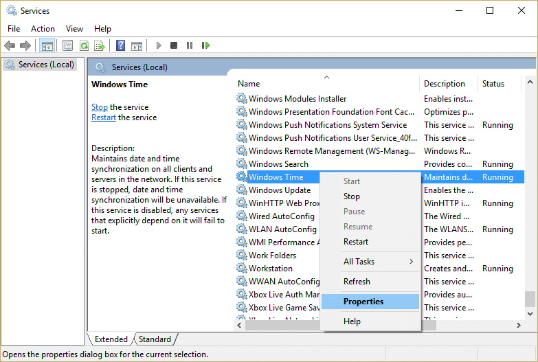 Windows Time Serviceを右クリックして、[プロパティ]を選択します