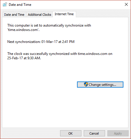 [インターネット時間]を選択し、[設定の変更]、[設定の変更]の順にクリックします。 Windows10の間違った時計の時間の問題を修正する