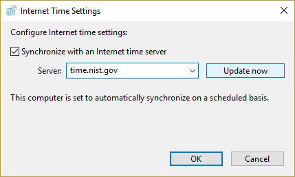 [インターネットタイムサーバーと同期する]がオンになっていることを確認し、time.nist.govを選択します。