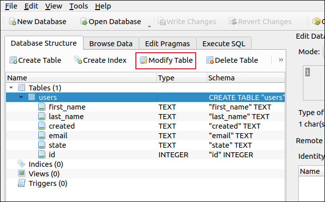 Panel Estructura de base de datos en DB Browser para SQLite