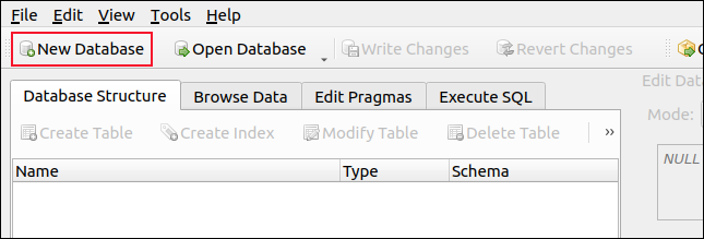 Nueva base de datos en la barra de herramientas DB Browser for SQLite