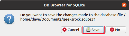 Un cuadro de diálogo de confirmación de guardado en DB Browser para SQLite