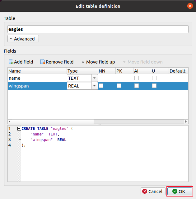 Cuadro de diálogo Editar definición de tabla con dos campos agregados a la nueva tabla DB Browser for SQLite