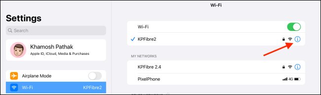 Tocca il pulsante Info dalla rete Wi-Fi