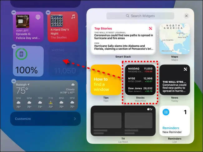 Per aggiungere un widget alla vista Oggi, toccalo e trascinalo in posizione su iPadOS 14.