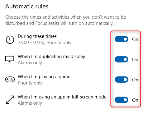 La section "Règles automatiques" de Focus Assist.