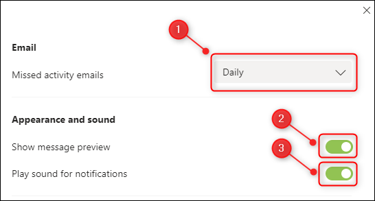 Les options de notification "E-mail" et "Apparence et son".