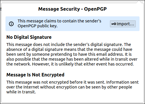 Finestra di dialogo di sicurezza dei messaggi OpenPGP