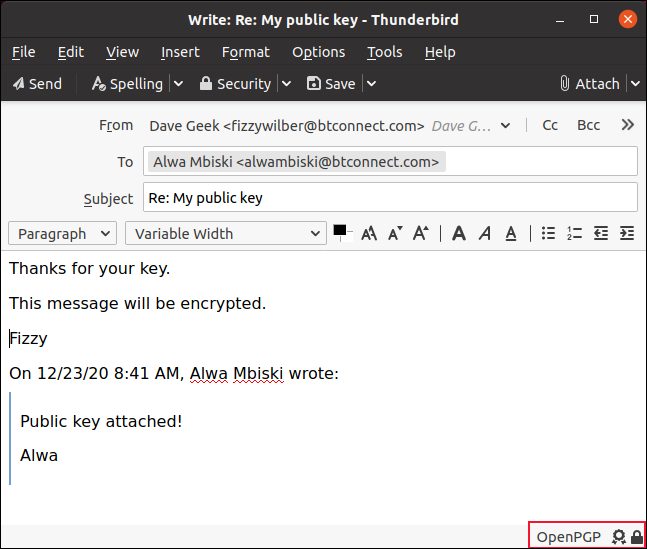 Email con indicatore OpenPGP nella barra di stato