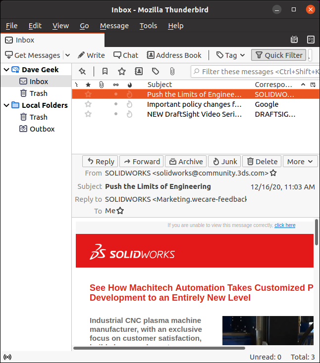 Visualizzazione predefinita del client di posta elettronica Thunderbird
