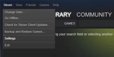 メニューからSteamをクリックし、[設定]、[設定]の順に選択します。修正はSteamネットワークに接続できませんでしたエラー