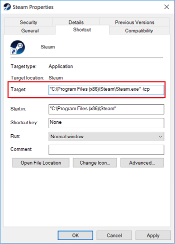 [ショートカット]タブに切り替え、[ターゲット]フィールドで行の最後に-tcpを追加します