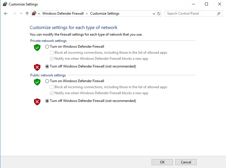 Windowsファイアウォールをオフにして、MSOutlookを確認します。
