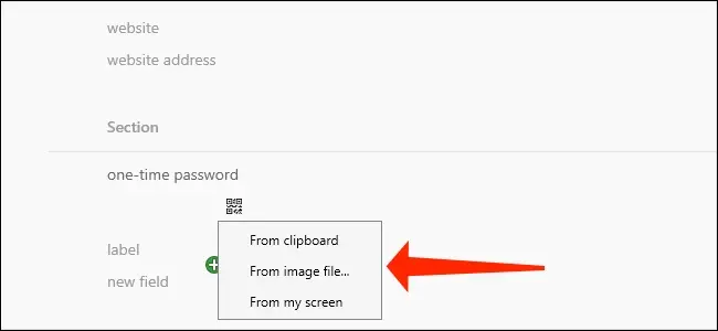 1Password para Windows te permite elegir de dónde obtener el código QR, si estás configurando la autenticación de dos factores