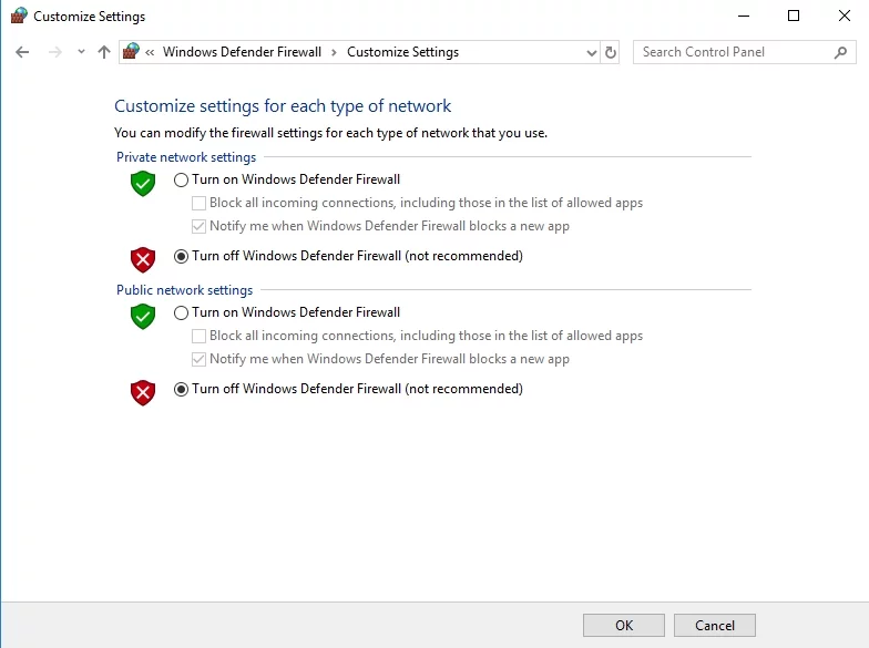 Gmailを軌道に戻すには、Windowsファイアウォールを無効にします。