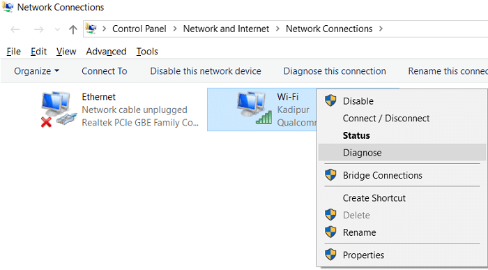 Wi-Fi 연결을 마우스 오른쪽 버튼으로 클릭하고 진단을 선택합니다.