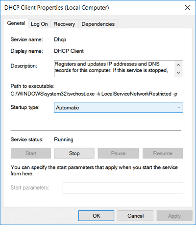 DHCP 클라이언트의 시작 유형을 자동으로 설정하고 시작을 클릭합니다.