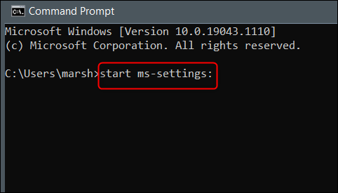 Запустите «start ms-settings:» в командной строке.