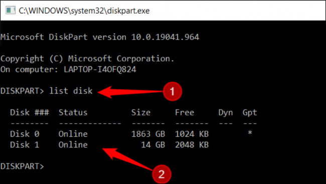 พิมพ์ "list disk" หลังคำว่า DISKPART แล้วกด Enter